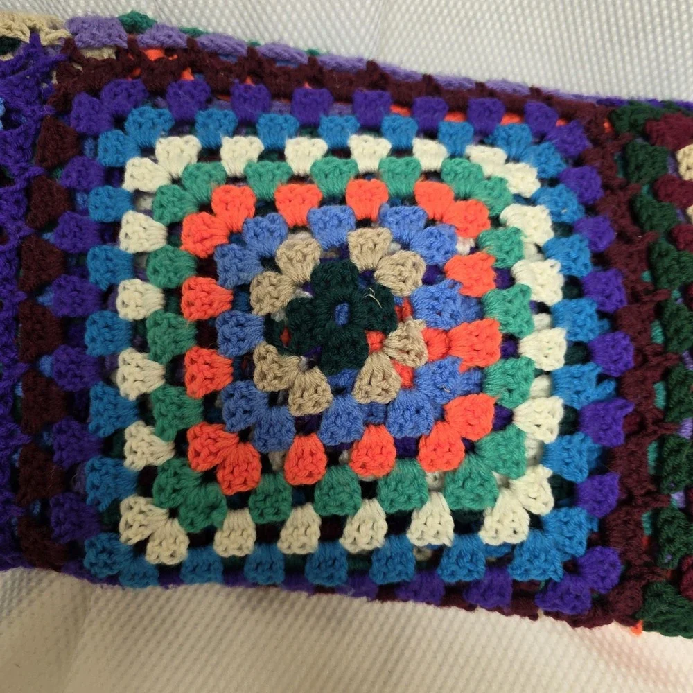 VTG Large Granny Square Afghan Black Crocheted Roseanne Throw Blanket  60